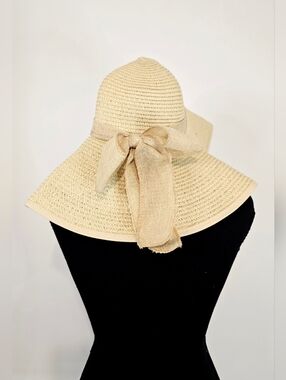 Wide Brim Straw Sun Hat Bow Beach Floppy Neutral Summer Coastal Grandma Boho